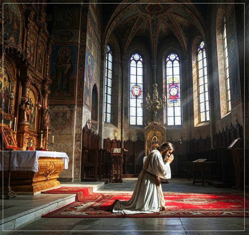 Prayer. Prayer for Strenght - Monk praying towards the altar, kneeing and starting to pray. The interior rotates. There is light shining through the windows and there is smoke rising from the myrrh oil lamps. Prayer is The lightning of God