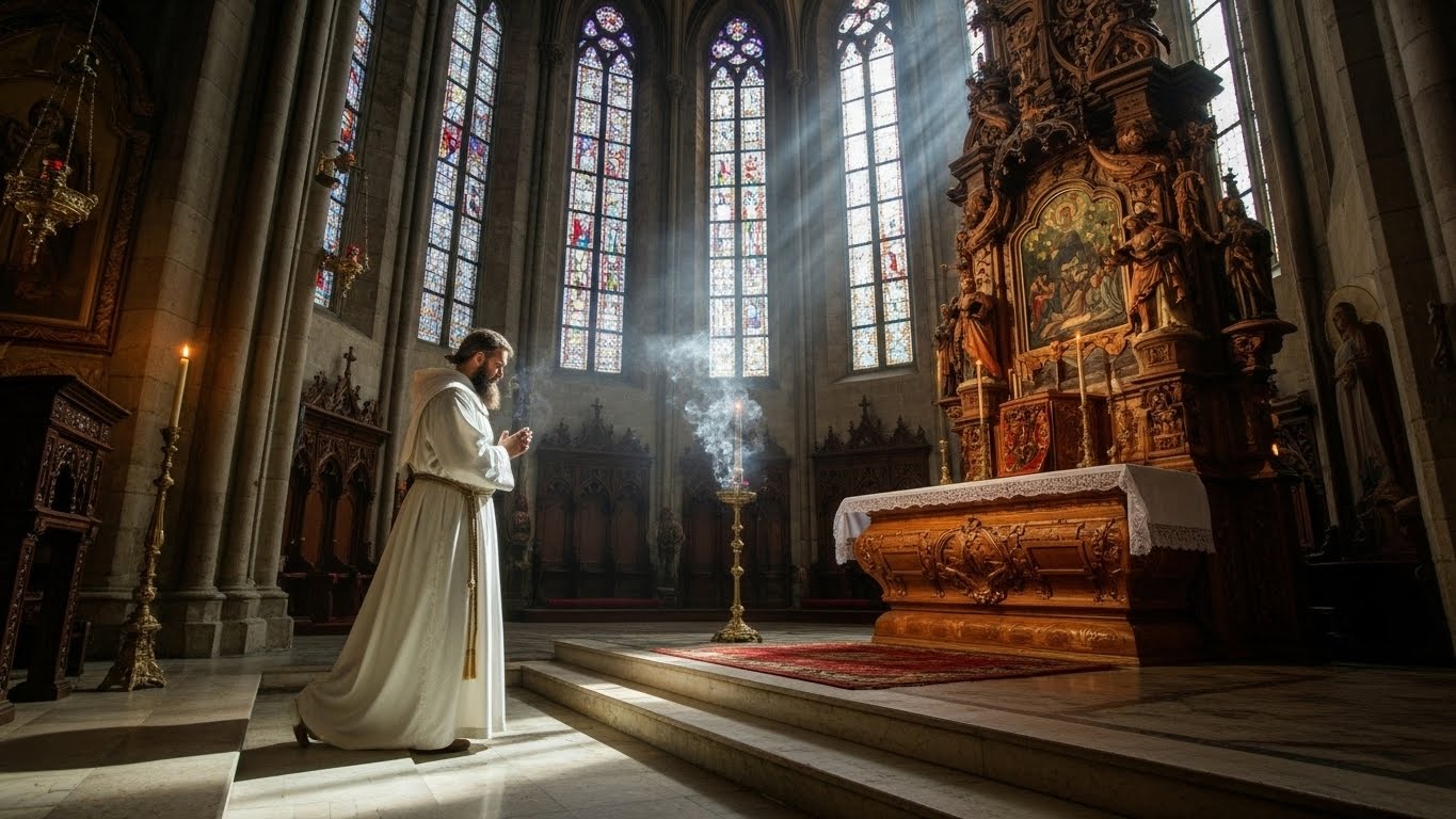 Prayer. Prayer for Strenght - Monk praying towards the altar, kneeing and starting to pray. The interior rotates. There is light shining through the windows and there is smoke rising from the myrrh oil lamps. Prayer is The lightning of God - Introduction to Athos Greek Orthodox prayer
