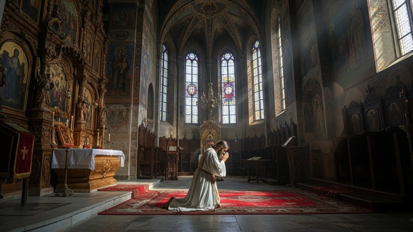 Prayer. Prayer for Strenght - Monk praying towards the altar, kneeing and starting to pray. The interior rotates. There is light shining through the windows and there is smoke rising from the myrrh oil lamps. Prayer is The lightning of God - Introduction to Athos Greek Orthodox prayer