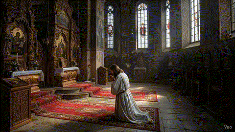 Prayer. Prayer for Strenght - Monk praying towards the altar, kneeing and starting to pray. There is smoke rising from the myrrh oil lamps. Prayer is The lightning of God - Introduction to Athos Greek Orthodox prayer