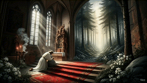 Prayer. Prayer for Strenght - Monk praying towards the altar, kneeing and starting to pray. There is smoke rising from the myrrh oil lamps. Prayer is The lightning of God - Introduction to Athos Greek Orthodox prayer