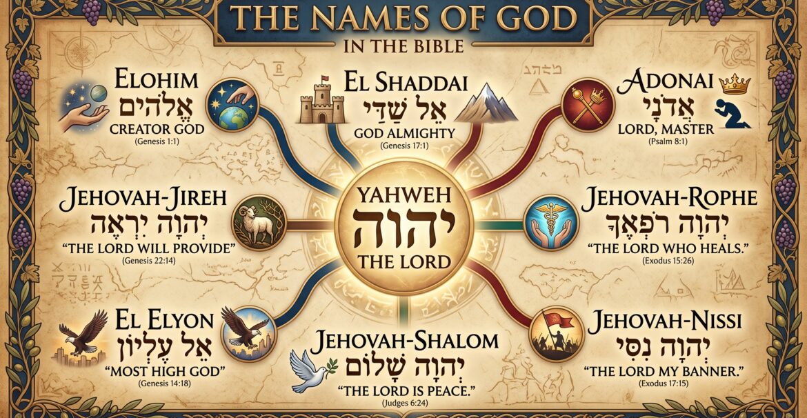 What are the different names of God, and what do they mean. Names of God. God Names. Jehovah. Elohim. Bible Gods names. Biblical names of God